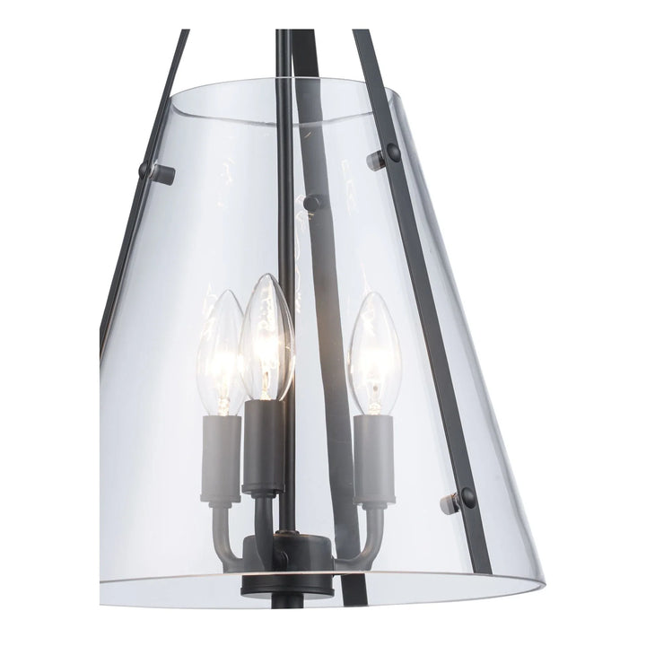3-light pendant fixture with clear glass tea-pee shade and black metal frame for indoor lighting