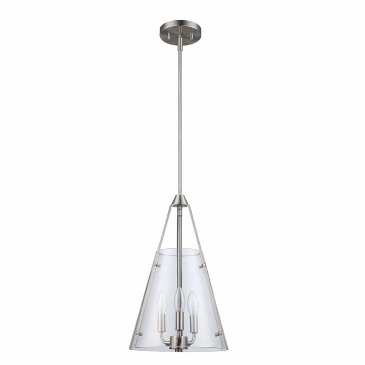 Three-light pendant chandelier with brushed nickel finish and clear conical shade for indoor ceiling lighting