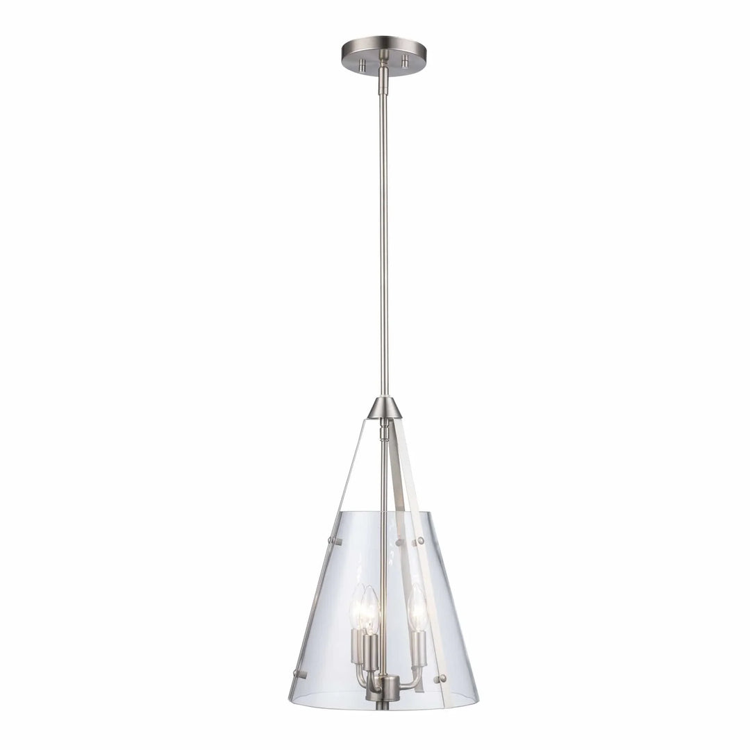 Pendant light fixture with clear glass shade and brushed nickel finish for modern dining or kitchen areas