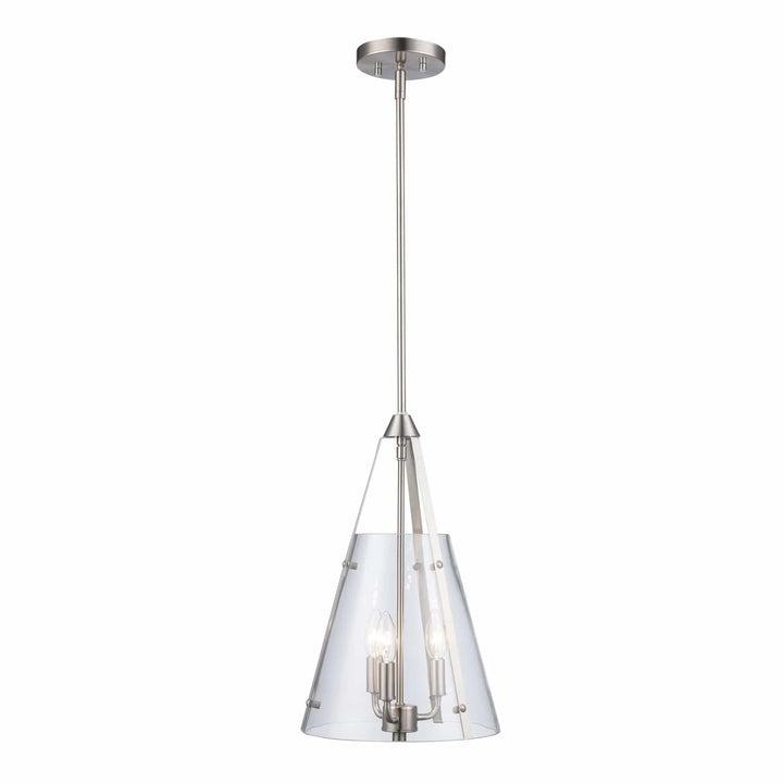 Pendant light fixture with clear glass shade and brushed nickel finish for modern dining or kitchen areas