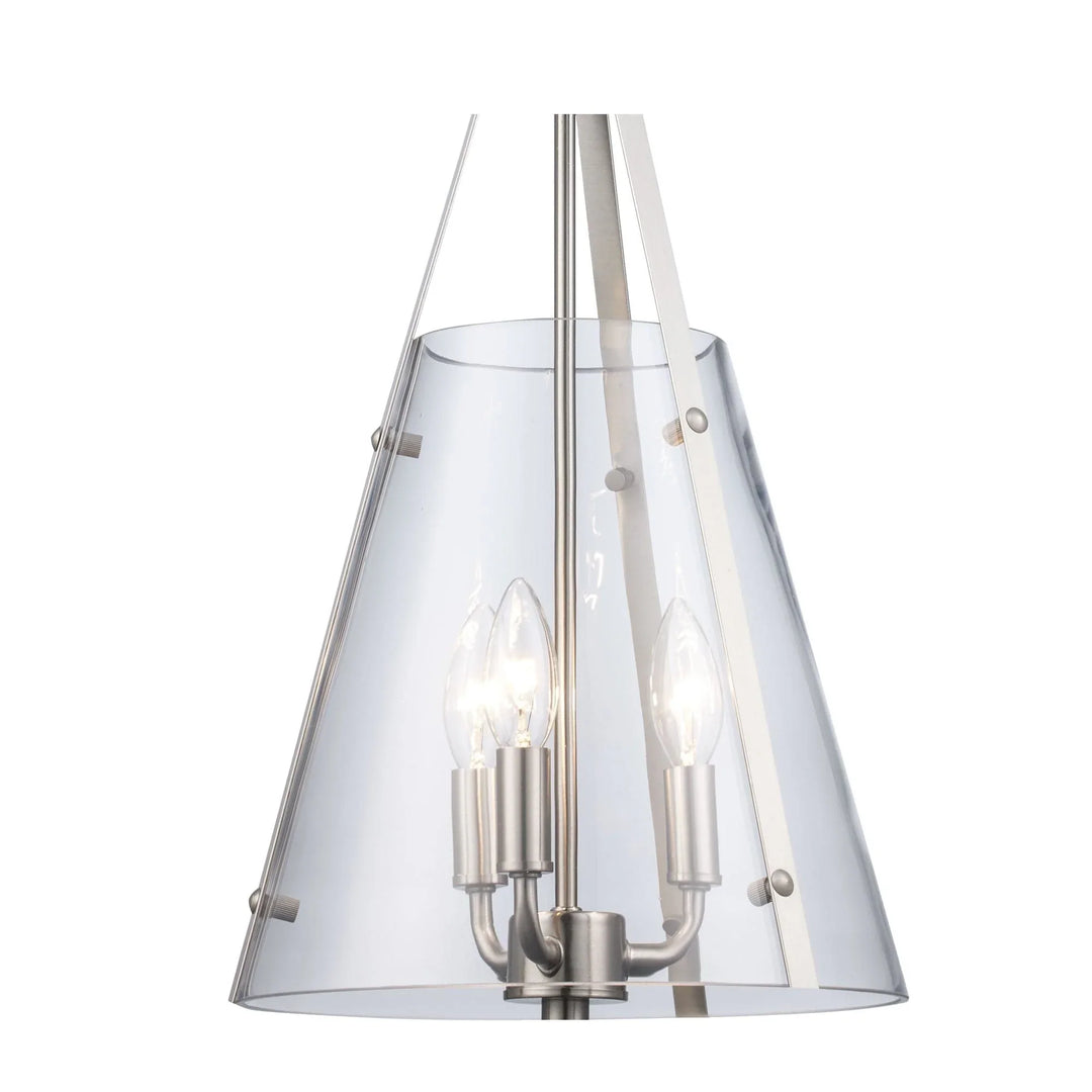 Three-light brushed nickel pendant fixture with clear conical shade for modern interior lighting