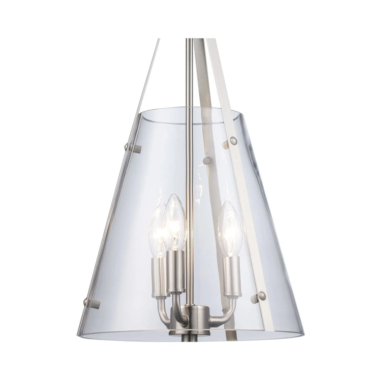Three-light brushed nickel pendant fixture with clear conical shade for modern interior lighting