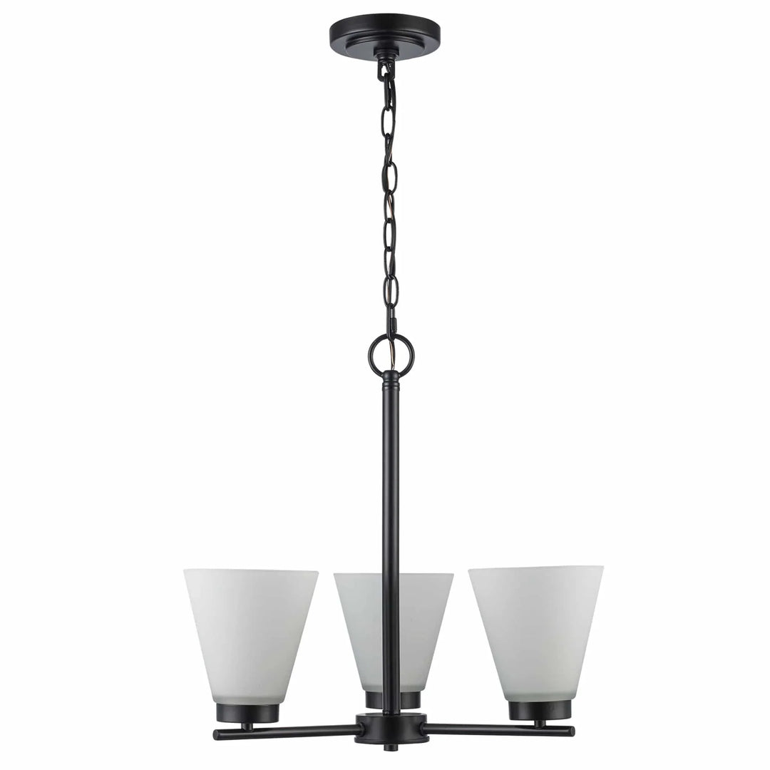3-light black chandelier with frosted glass shades for modern dining or living room lighting