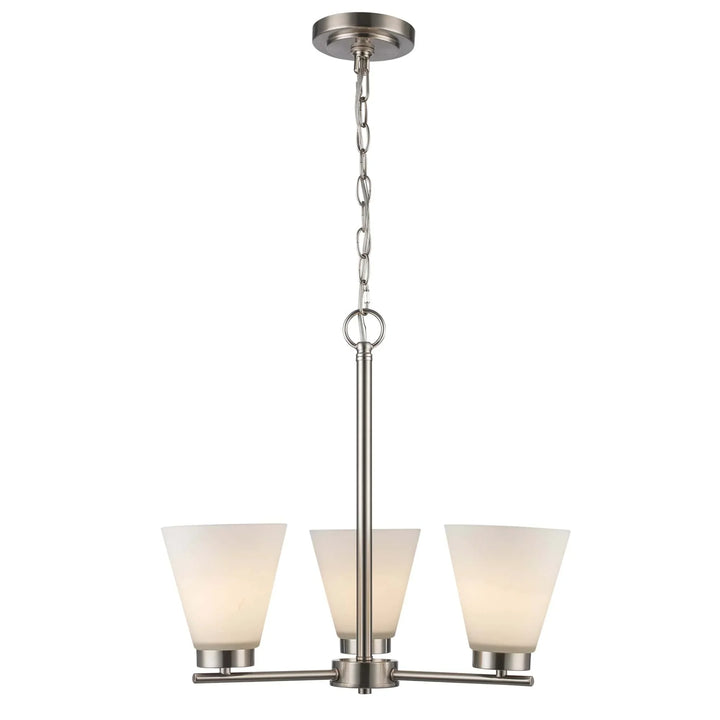 Three light brushed nickel chandelier with frosted glass shades for dining room or entry lighting