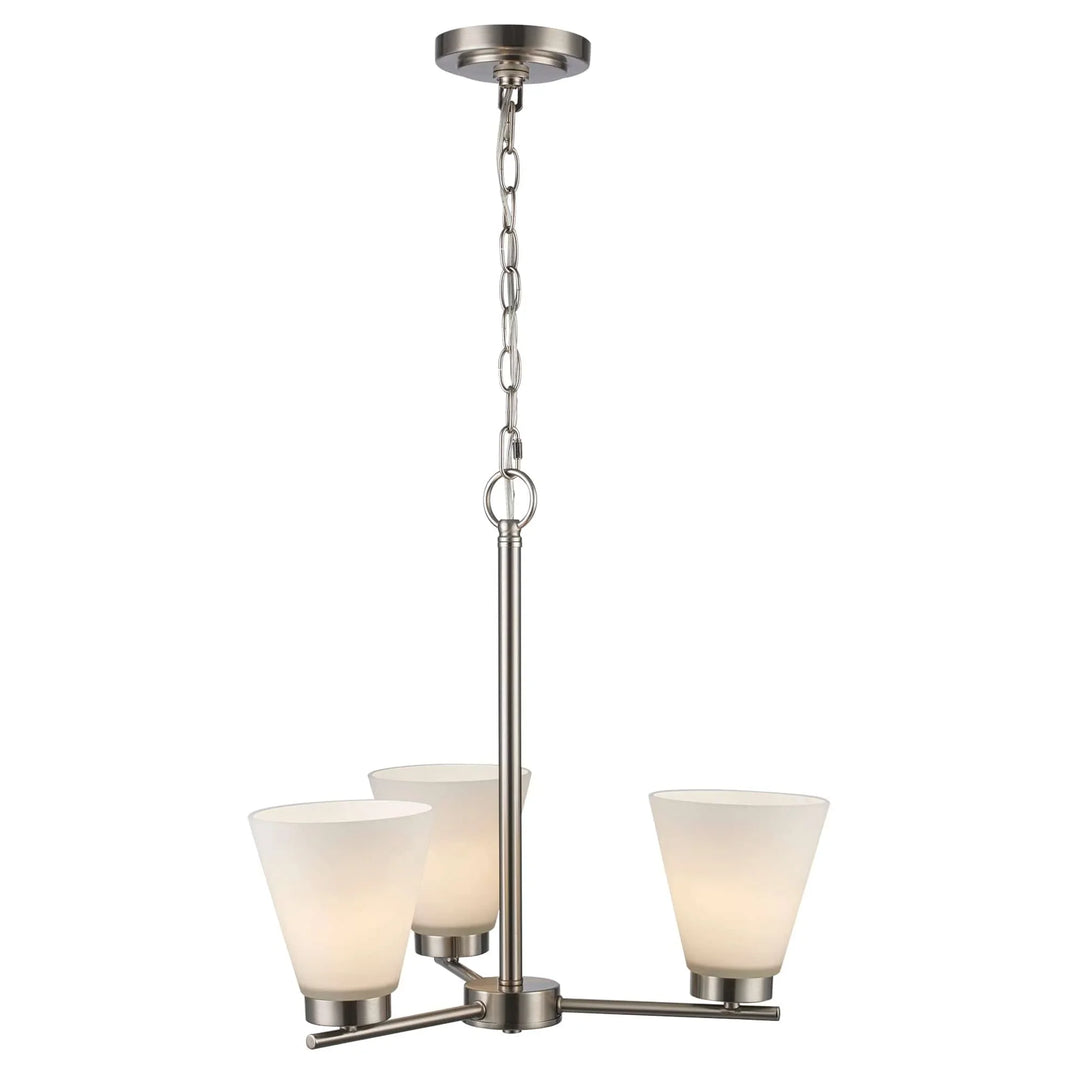 3 light brushed nickel chandelier with frosted glass shades for dining room or kitchen