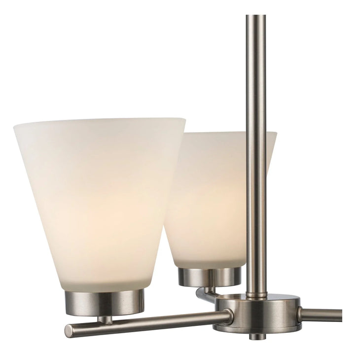 3-light brushed nickel chandelier with frosted glass shades for dining or living room lighting