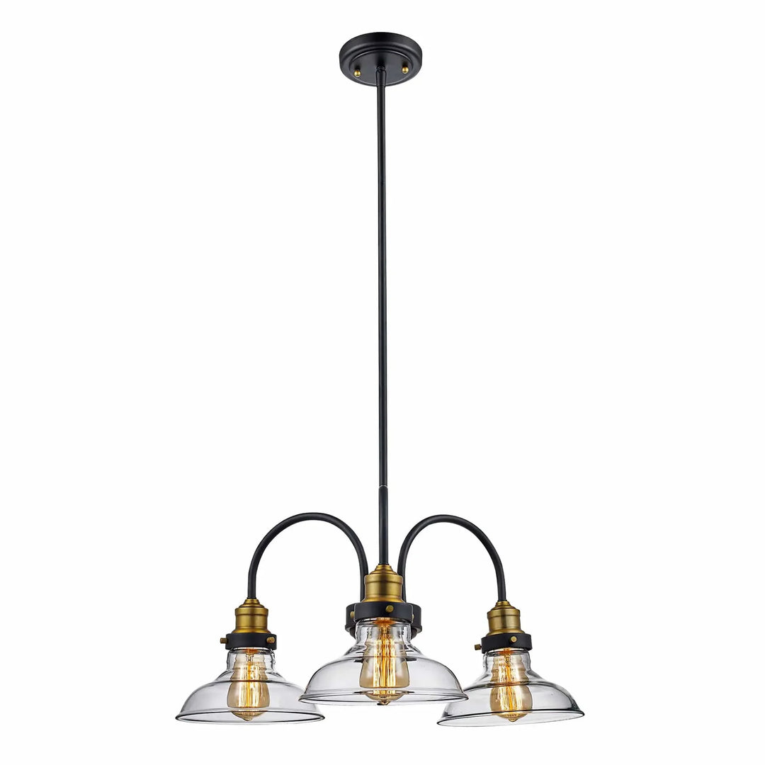 Three-light pendant ceiling fixture with clear glass shades for dining or kitchen island lighting