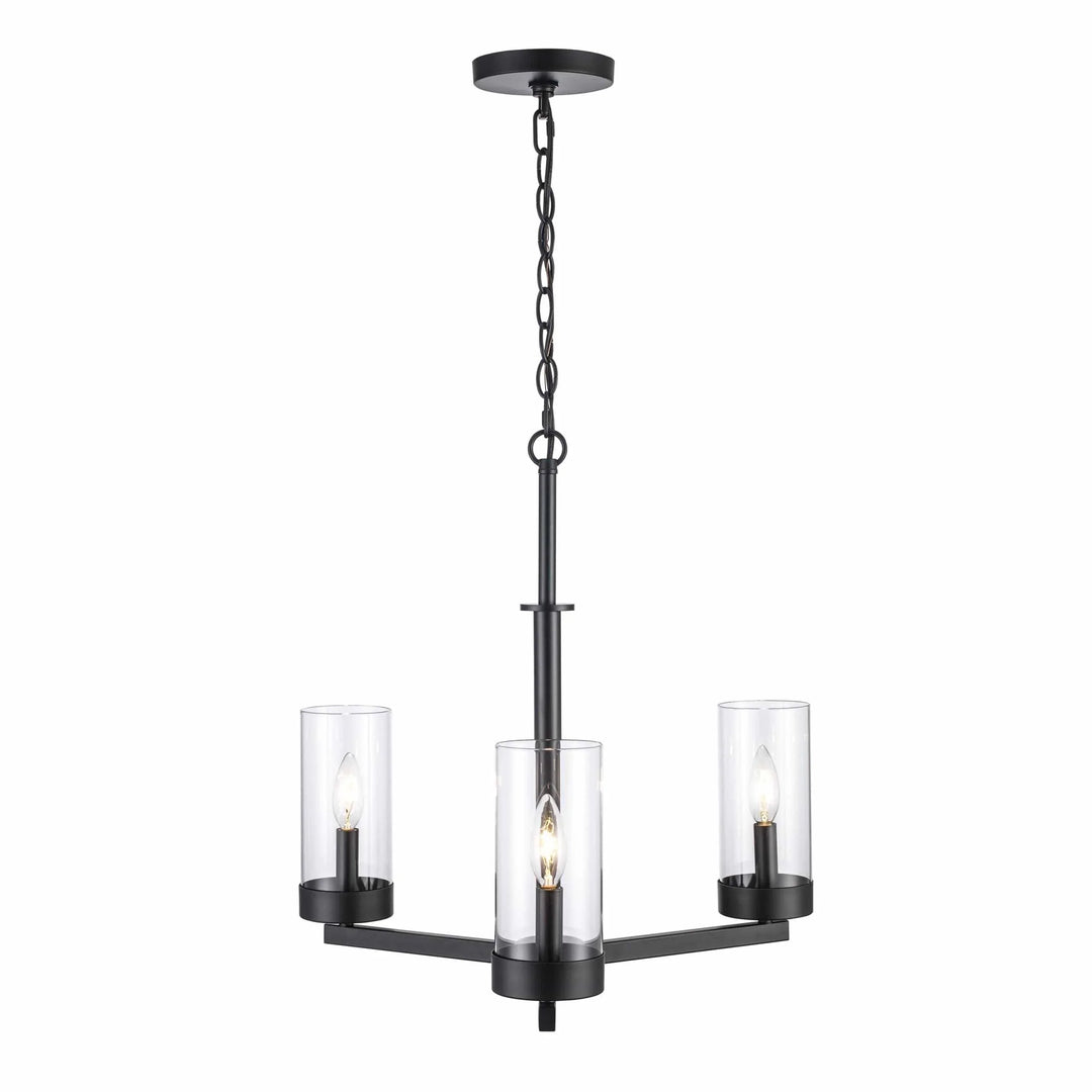 3-light black chandelier with clear glass shades for dining room or entryway lighting