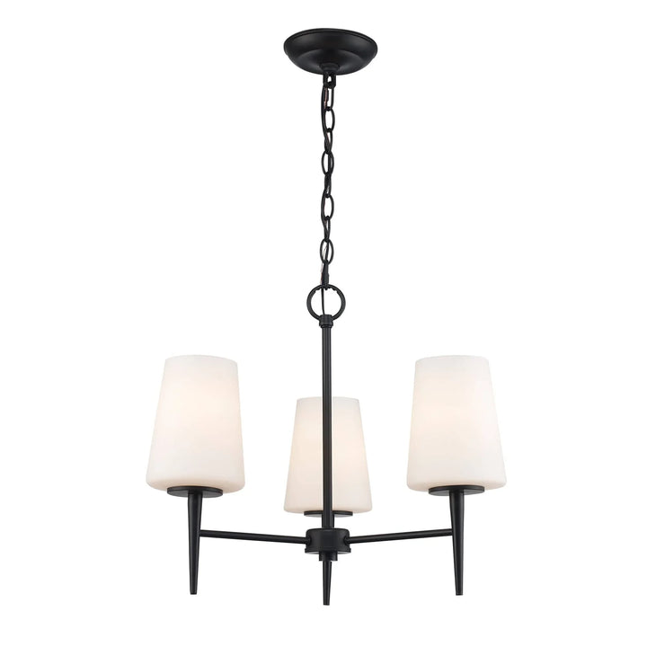 Three-light black pendant chandelier with frosted glass shades for dining or entryway lighting