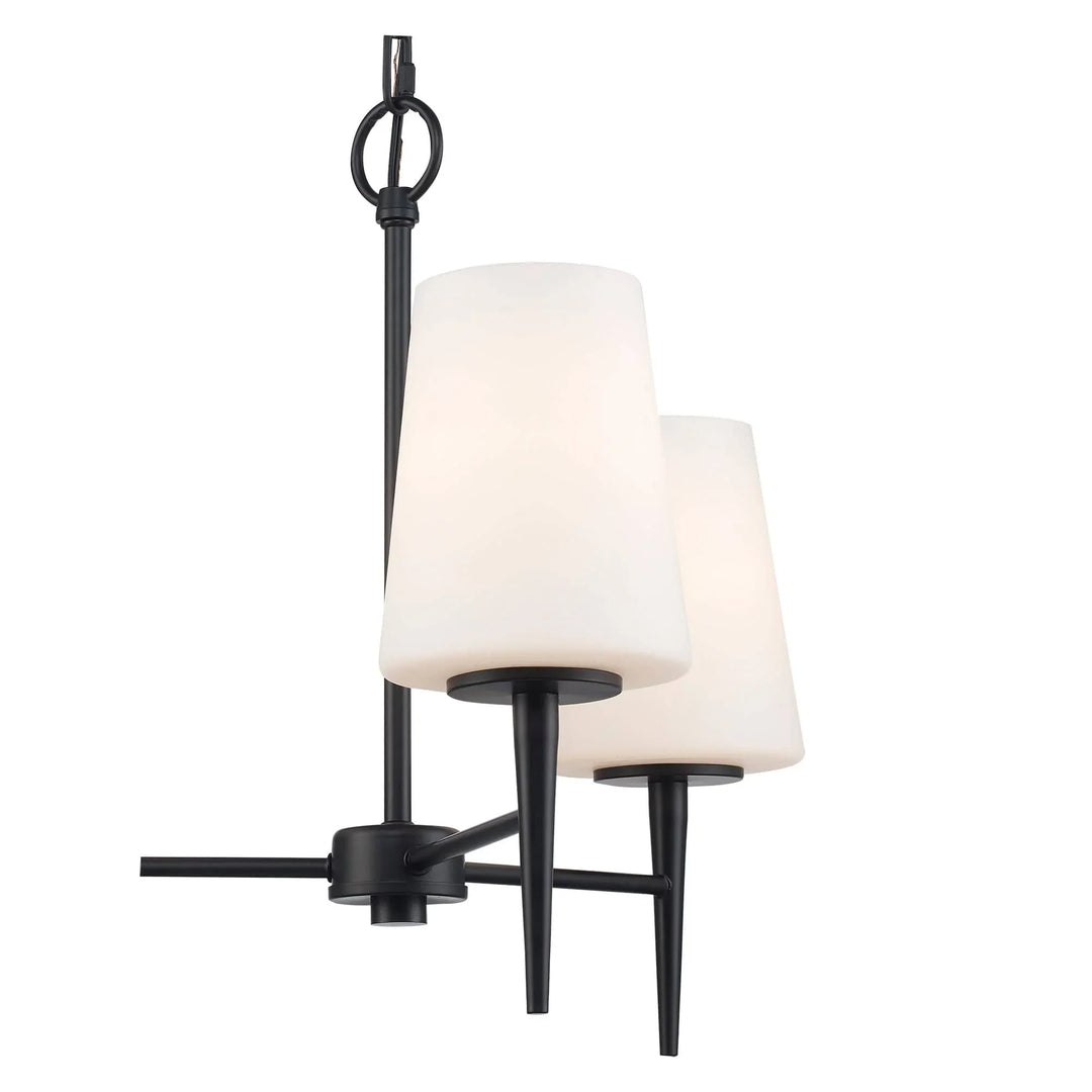 Three-light black pendant chandelier with tapered white glass shades for modern interior lighting