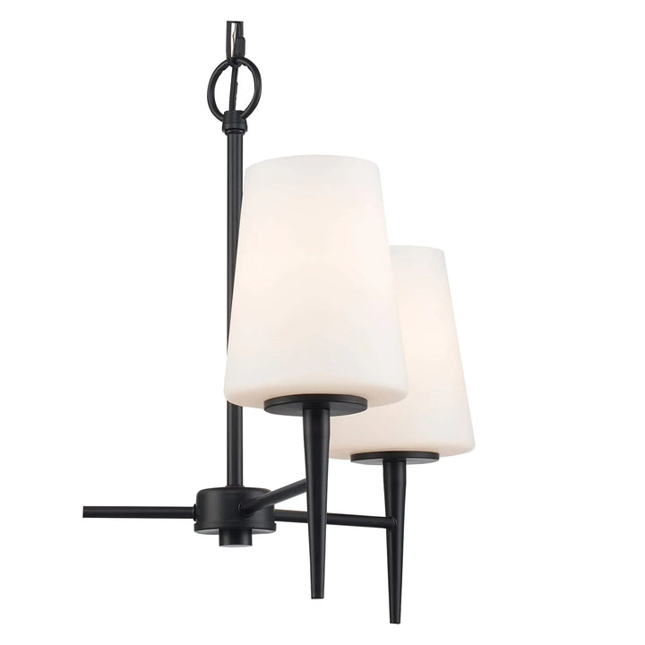 Three-light black pendant chandelier with tapered white glass shades for modern interior lighting