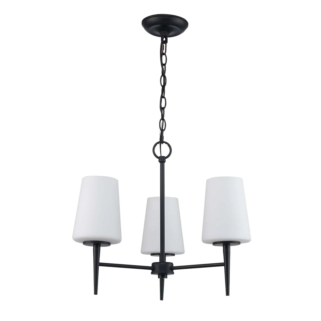 Three light black mini chandelier with white tapered glass for modern home or dining lighting