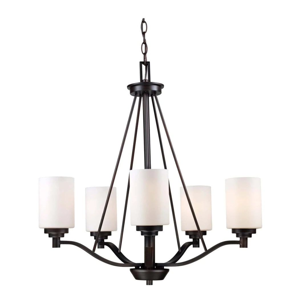 Glass shaded chandelier with five lights in oil-rubbed bronze finish for dining room lighting