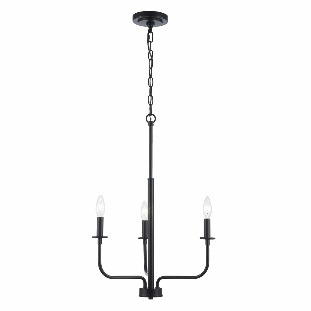 Three light black candelabra chandelier for dining room or entryway ambient lighting