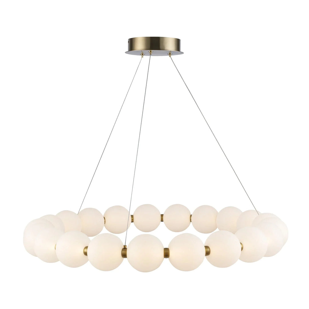 LED ring chandelier with frosted glass globe shades and gold finish for modern living room lighting