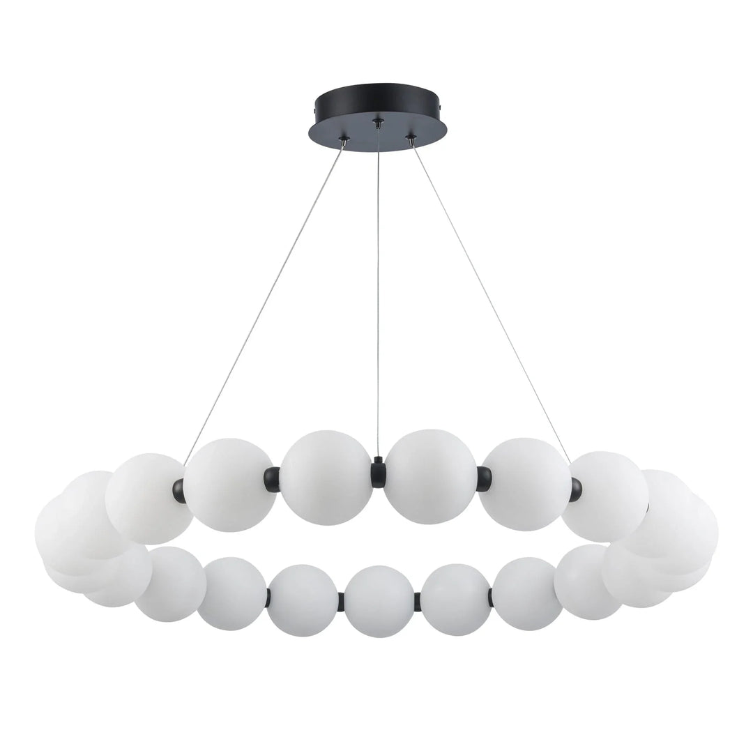 LED ring chandelier with frosted globe shades and black accents for modern interior lighting