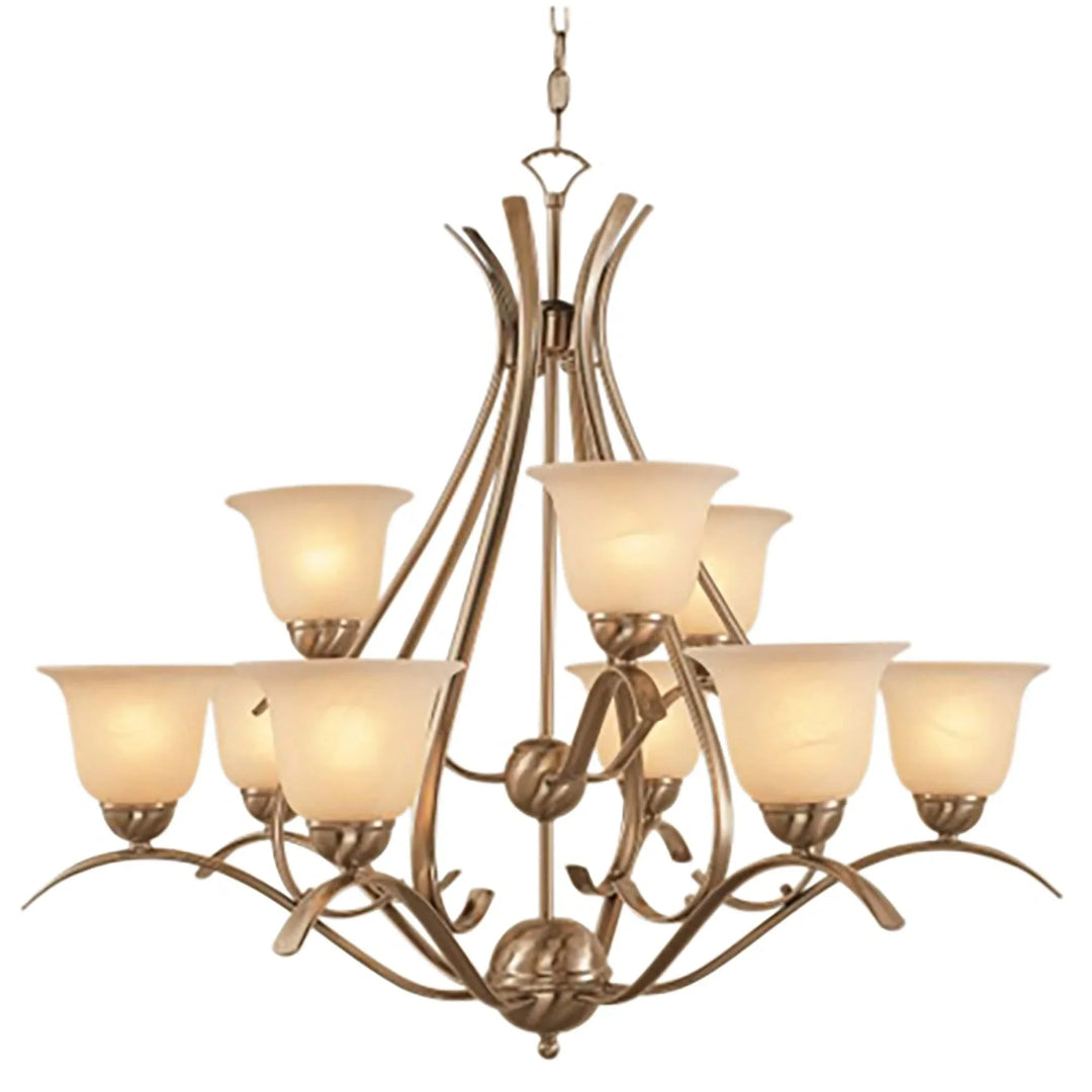 Two-tier chandelier with nine frosted shades and antique gold finish for dining room lighting