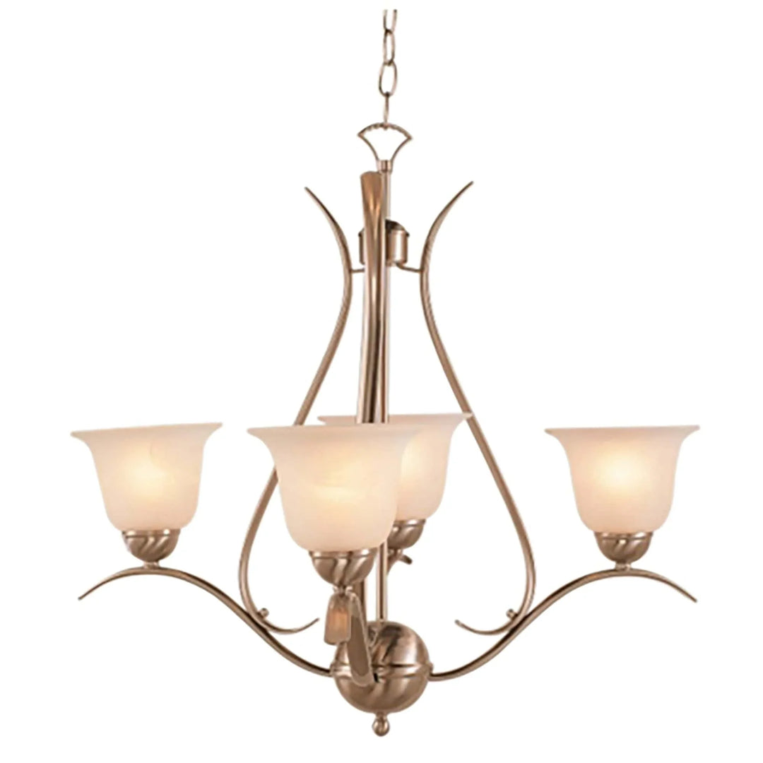 4 light chandelier with glass bell shades and brushed nickel finish for dining room lighting
