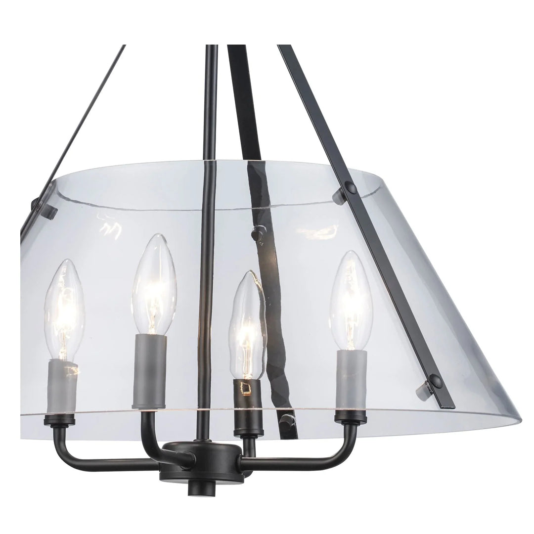 4-light black chandelier with clear glass shade for modern dining room or entryway lighting