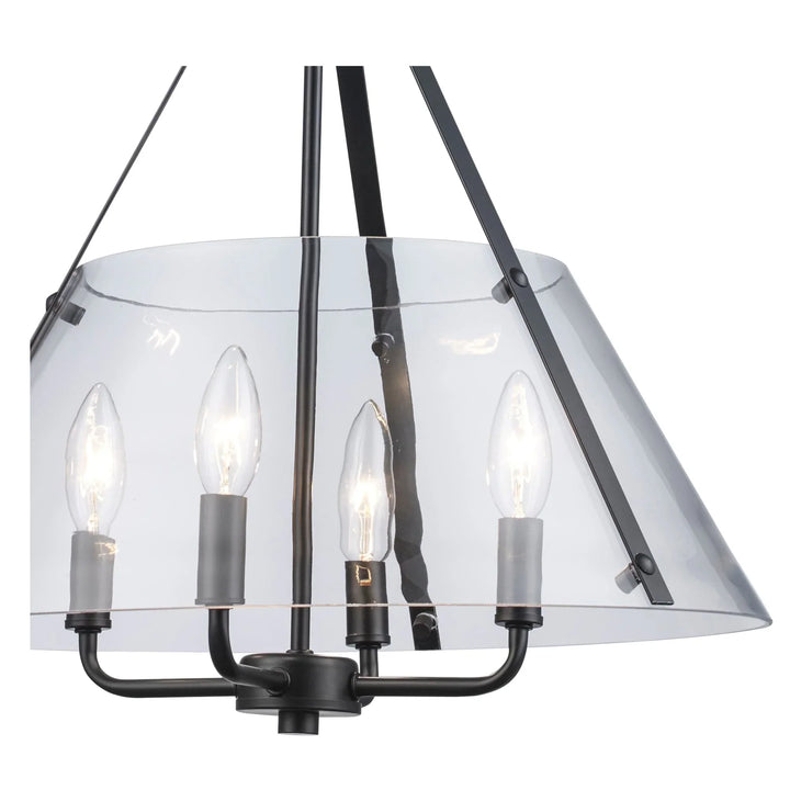 4-light black chandelier with clear glass shade for modern dining room or entryway lighting
