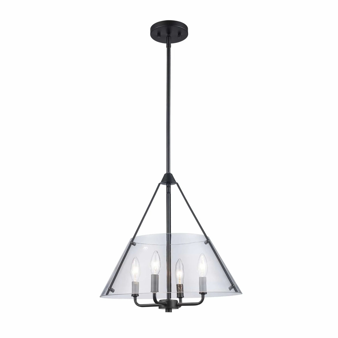 4-light black pendant chandelier with clear conical glass shade for modern dining room lighting