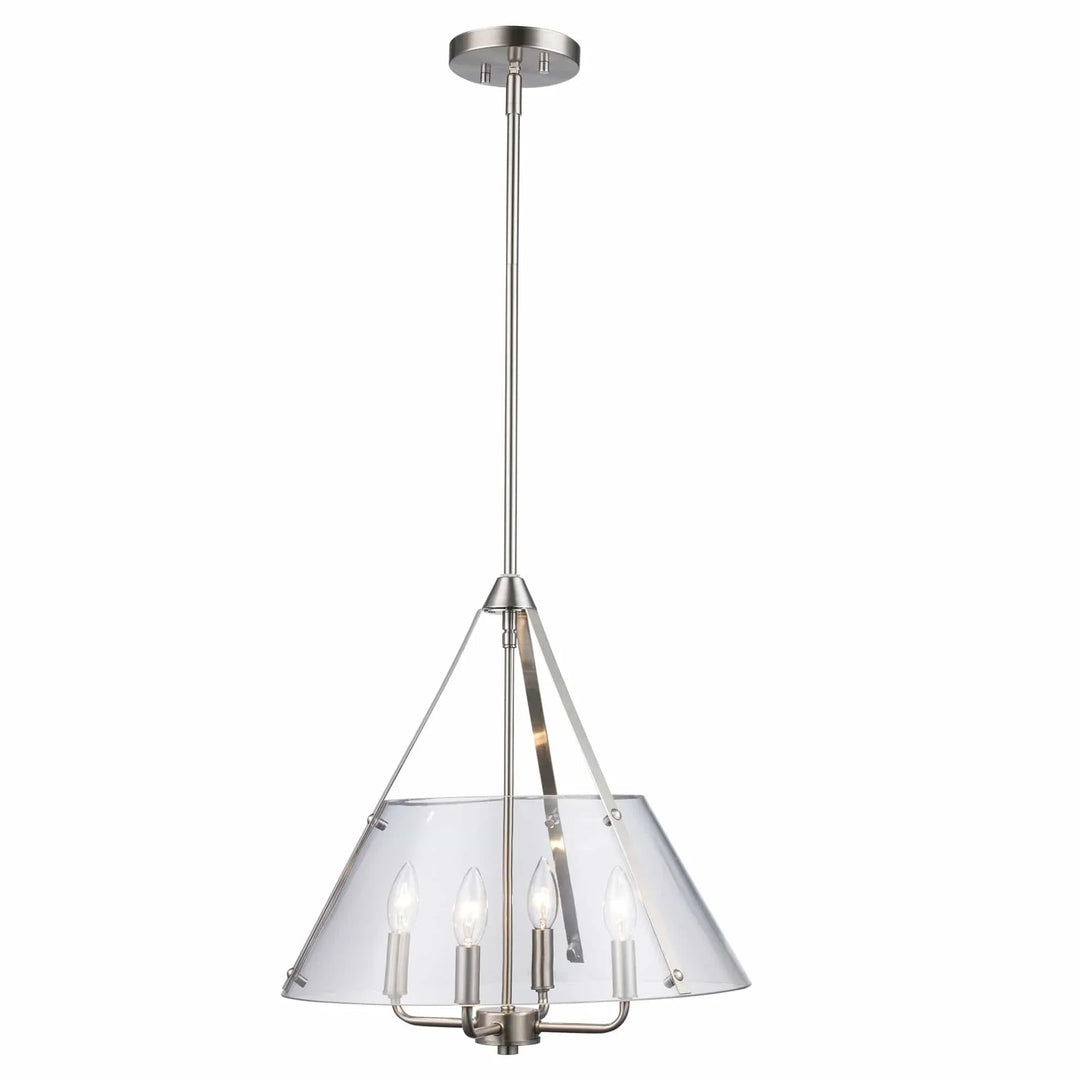 Pendant chandelier with four exposed bulbs and clear shade, ideal for modern dining room lighting