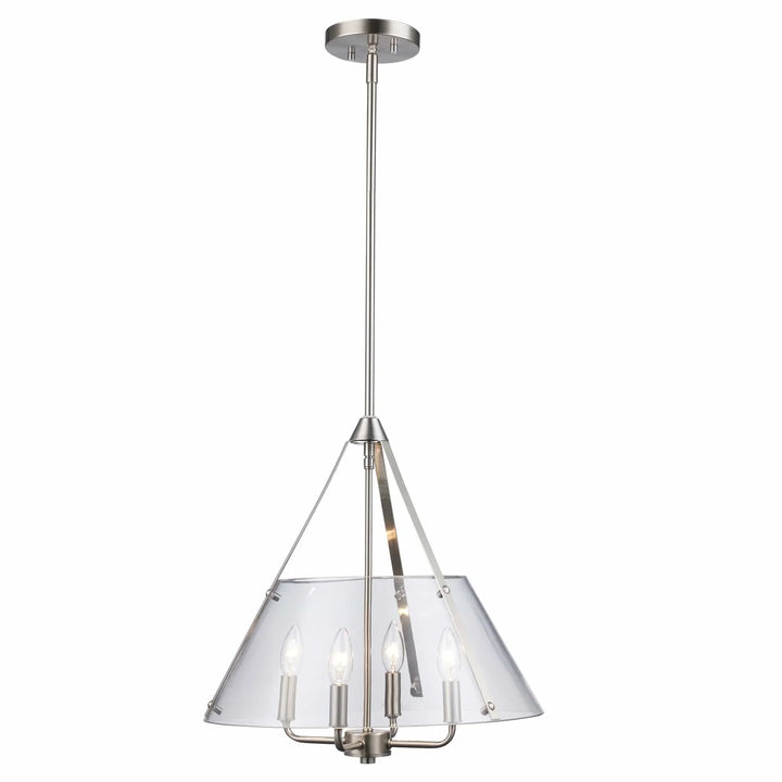 Pendant chandelier with four exposed bulbs and clear shade, ideal for modern dining room lighting