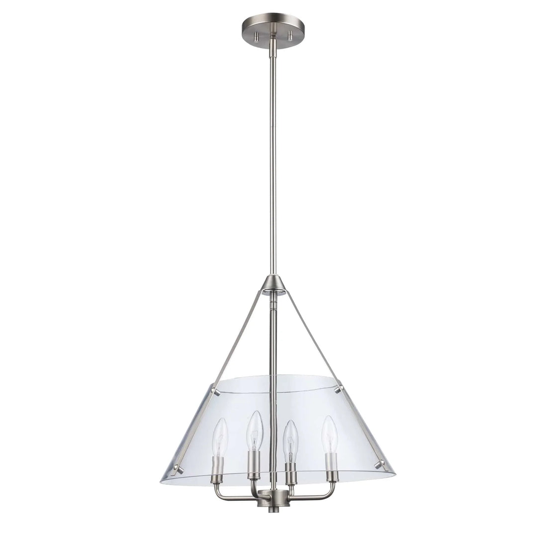 Modern 4-light pendant chandelier with clear glass shade and brushed nickel finish for dining room
