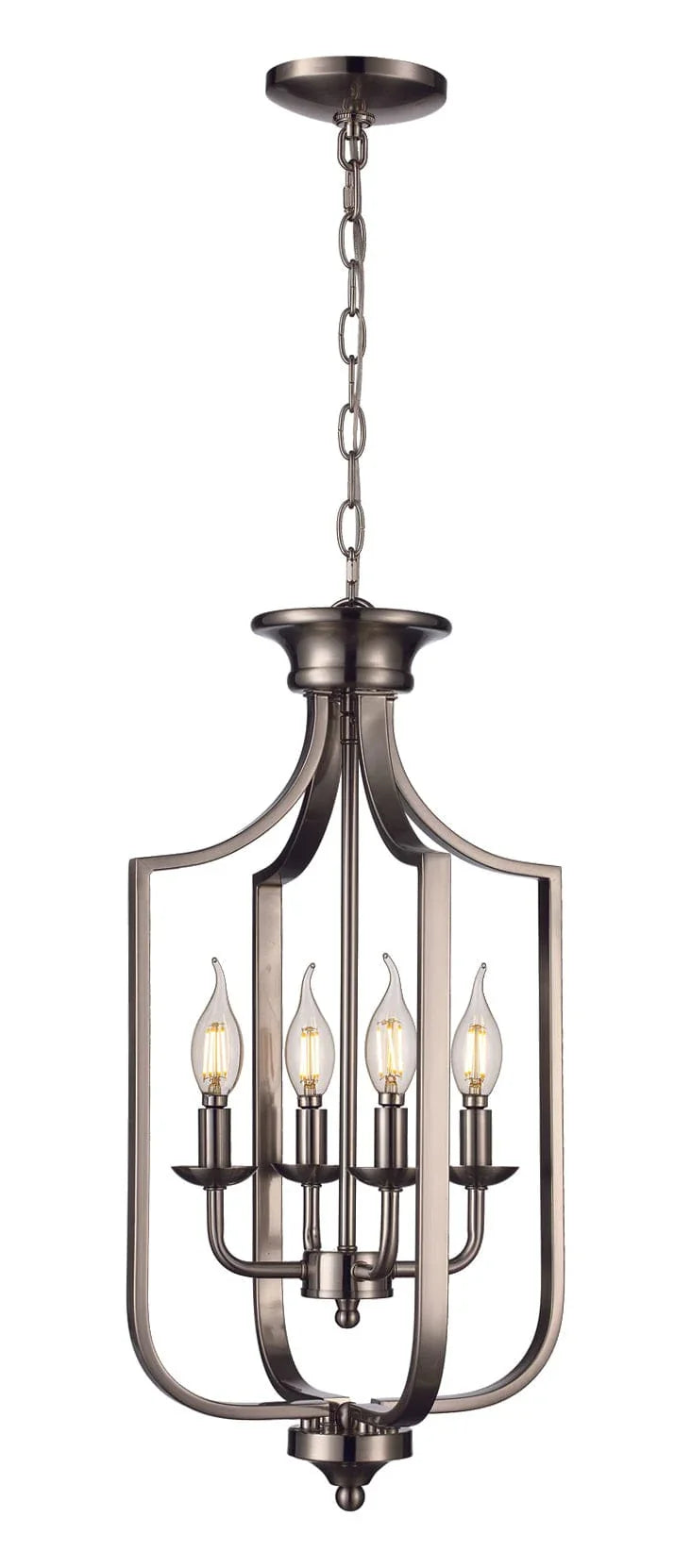 Cage pendant light with four bulbs in brushed nickel finish for modern living or dining rooms