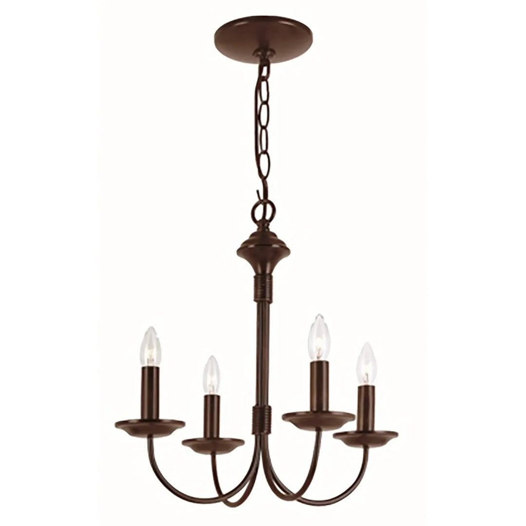 Four-light candle chandelier in oil bronze finish suspended from ceiling, ideal for dining room lighting