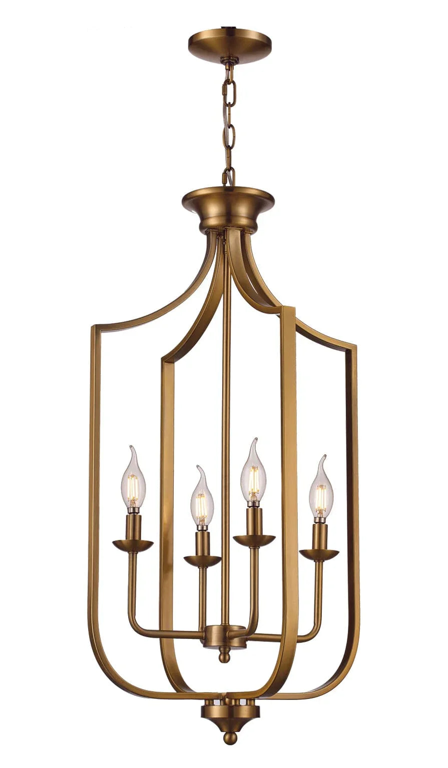 Foyer pendant light with four candelabra bulbs in an open antique gold metal frame for entryway lighting