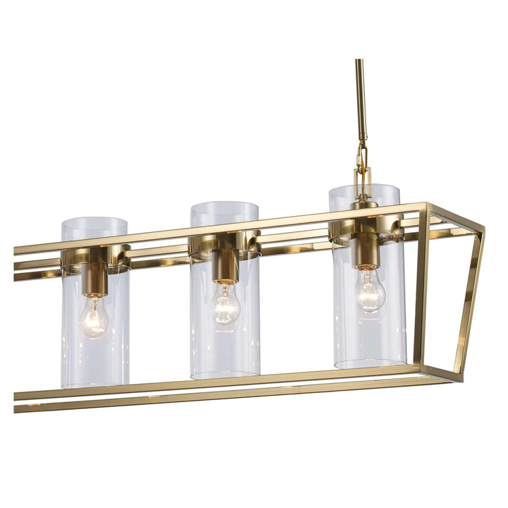 4-light linear pendant chandelier with clear glass shades and antique gold frame for dining room lighting