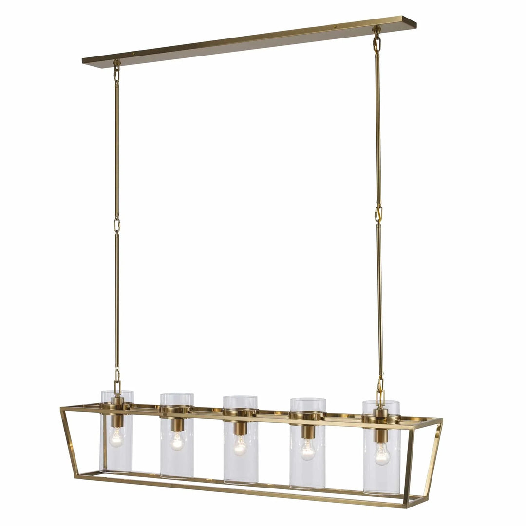 4-light linear gold pendant chandelier with glass shades for dining room or kitchen island lighting