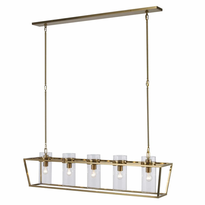 4-light linear gold pendant chandelier with glass shades for dining room or kitchen island lighting
