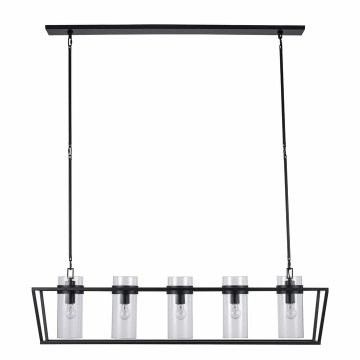 Modern 4-light black pendant chandelier with clear cylindrical glass shades for dining room or kitchen