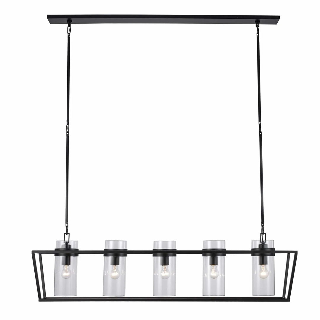 4-light black linear chandelier with cylindrical glass shades for modern dining room lighting