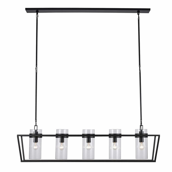 4-light black linear chandelier with cylindrical glass shades for modern dining room lighting
