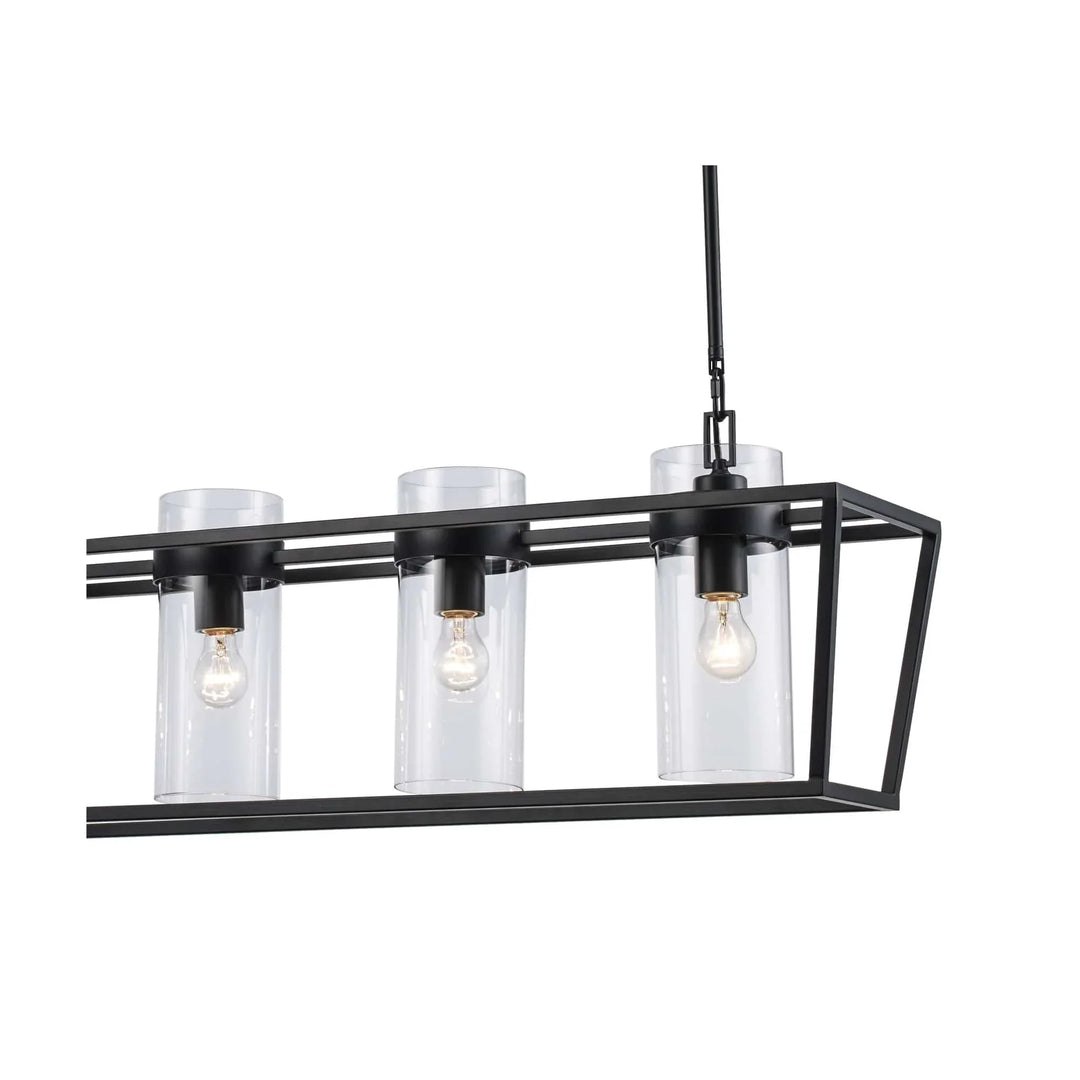 4 light black pendant fixture with clear glass shades for modern dining or kitchen lighting