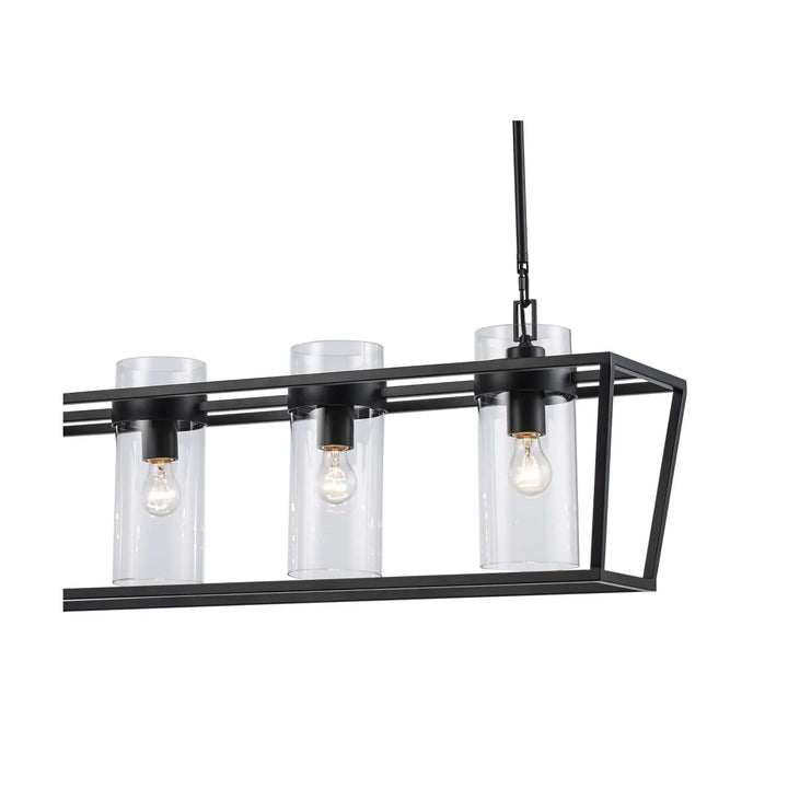 4 light black pendant fixture with clear glass shades for modern dining or kitchen lighting