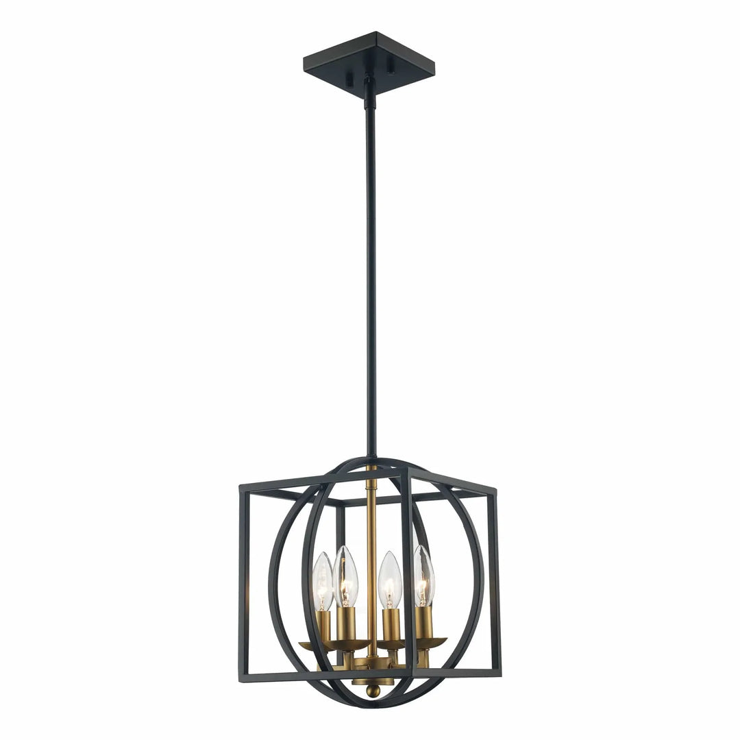 Cage chandelier with four candle bulbs, black and gold finish, ideal for modern dining or entryways