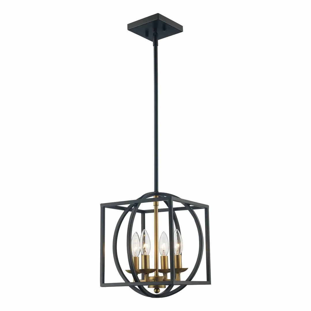 4-light modern cage chandelier with black and brass finish, ideal for dining room or entryway lighting