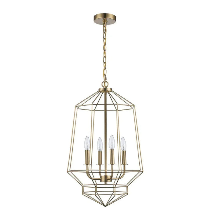 Art deco gold 4-light chandelier with open geometric frame for modern dining or entryway lighting