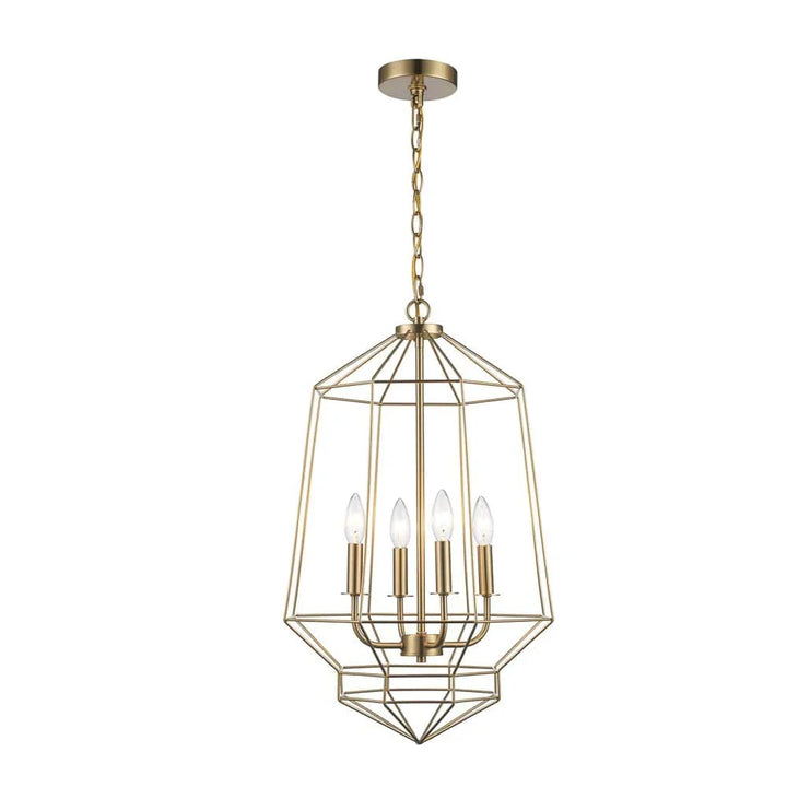 Gold art deco chandelier with geometric open frame and four candle bulbs for dining room lighting