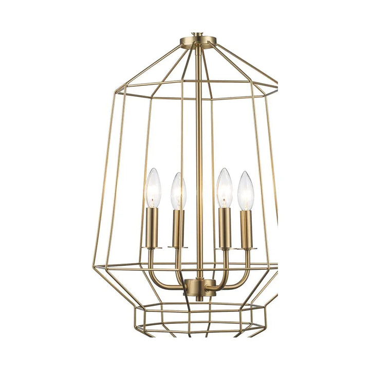 Art deco gold 4 light chandelier with open geometric frame for dining or entry lighting