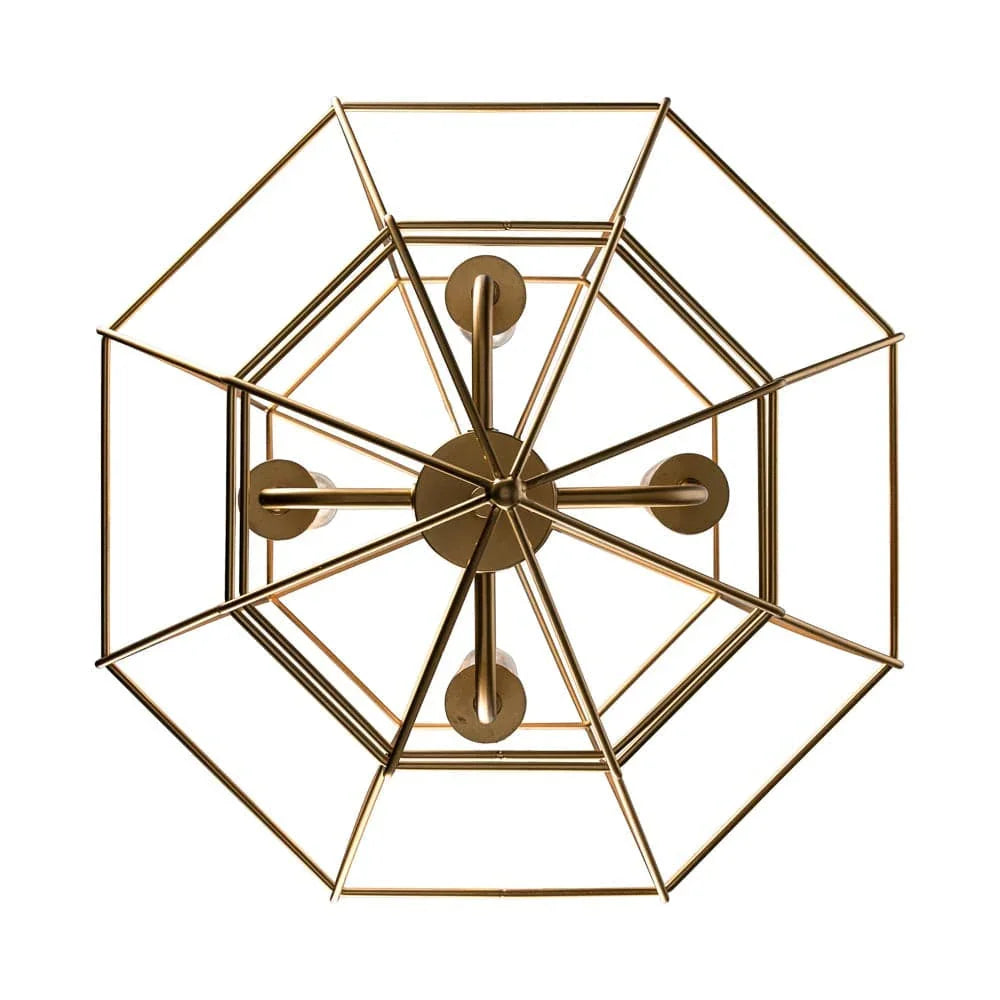 Art deco gold chandelier with geometric open frame, ideal for modern living room or dining lighting