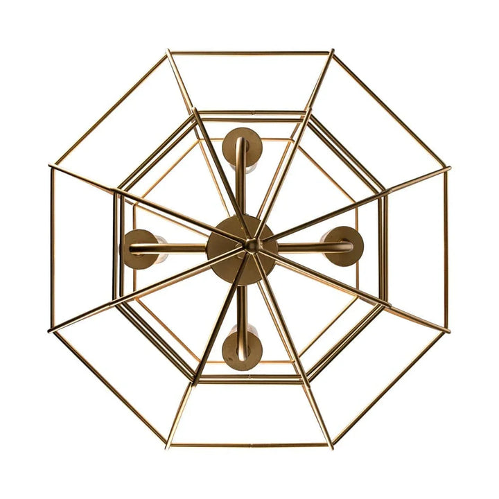 Art deco gold chandelier with geometric open frame, ideal for modern living room or dining lighting