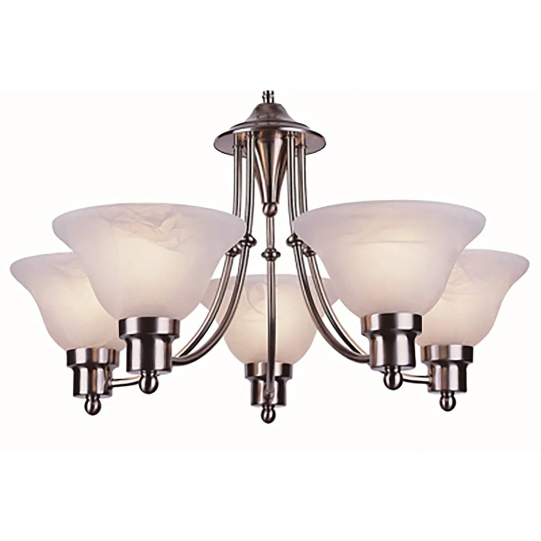 Five-light brushed nickel chandelier with marbleized glass shades for dining room or entryway lighting
