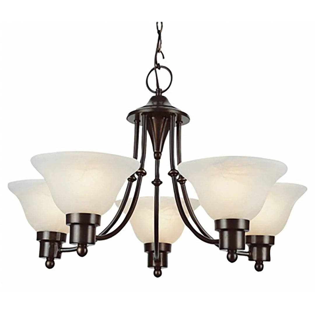 Five-light chandelier with marbleized glass bell shades and bronze finish for dining room lighting