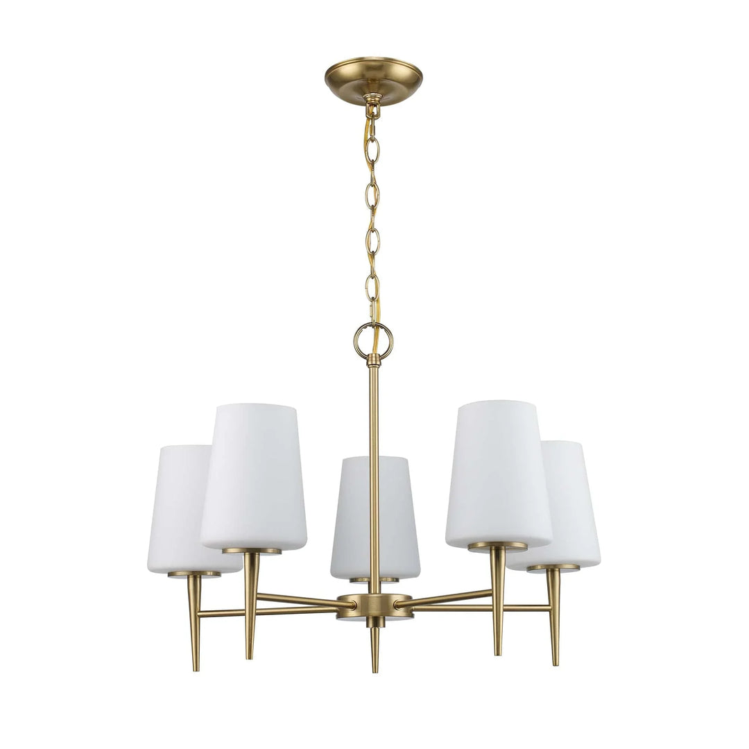 5-light chandelier with antique gold finish and white tapered shades for modern dining room lighting