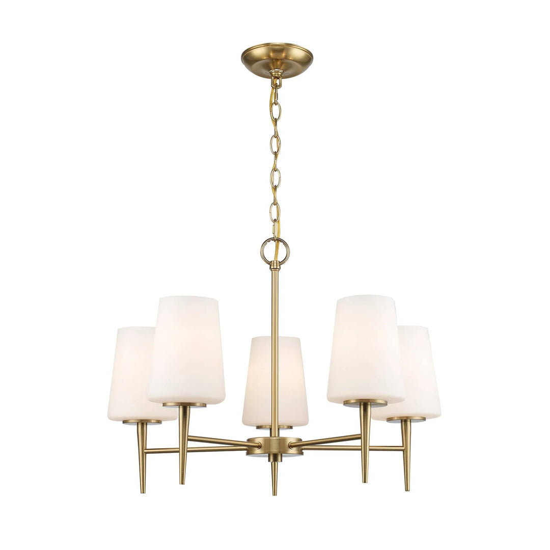 5-light chandelier with antique gold finish and tapered white shades for modern dining room lighting